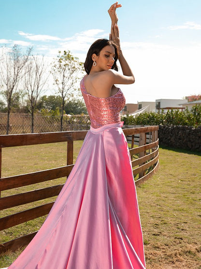 A-Line/Princess  Woven Satin Sequin One-Shoulder Sleeveless Sweep/Brush Train Dresses