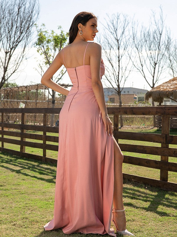 A-Line/Princess  Woven Satin Ruched V-neck Sleeveless Sweep/Brush Train Dresses