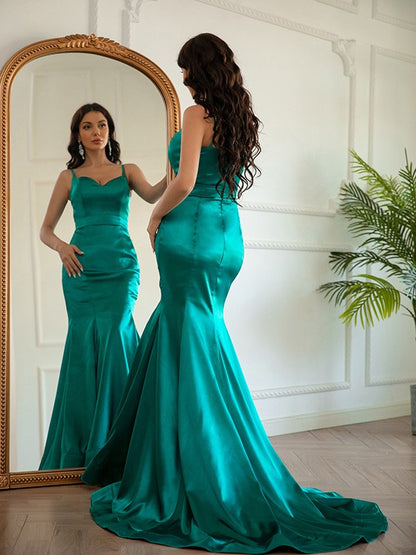 Sheath/Column  Woven Satin Ruched V-neck Sleeveless Sweep/Brush Train Dresses