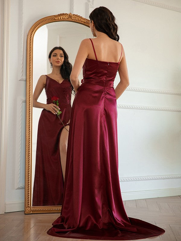 A-Line/Princess Silk like Satin Ruched V-neck Sleeveless Sweep/Brush Train Dresses