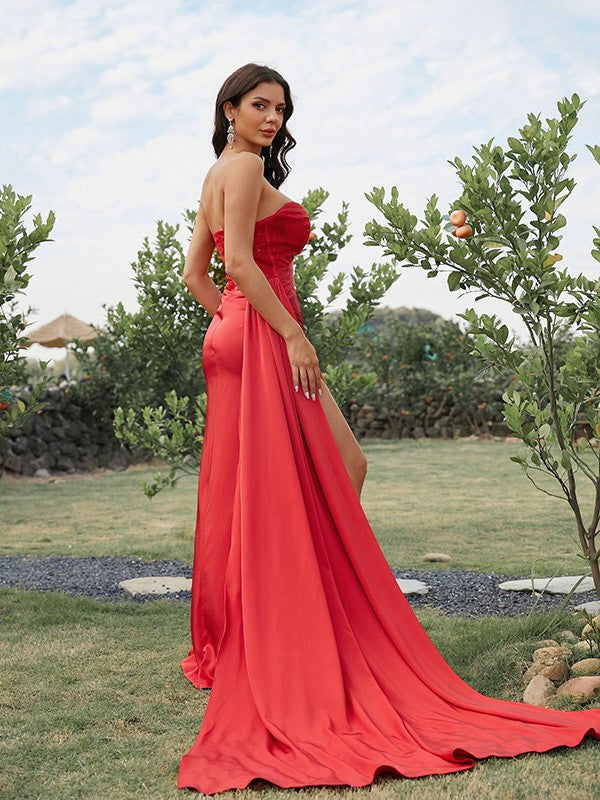 Sheath/Column Silk like Satin Ruched Strapless Sleeveless Sweep/Brush Train Dresses
