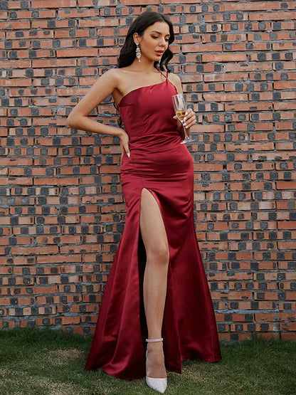 Sheath/Column Satin Ruched One-Shoulder Sleeveless Floor-Length Dresses