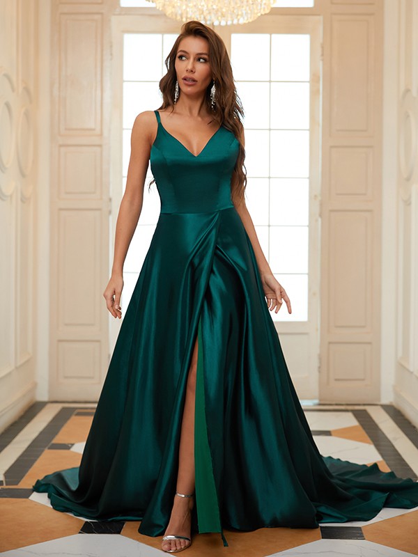 A-Line/Princess  Woven Satin Ruffles V-neck Sleeveless Court Train Dresses
