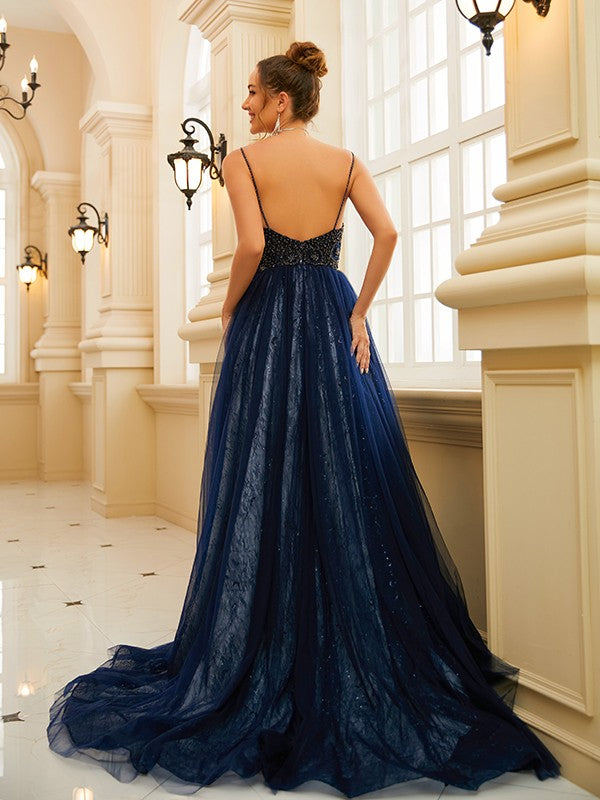 A-Line/Princess Tulle Beading V-neck Sleeveless Sweep/Brush Train Dresses