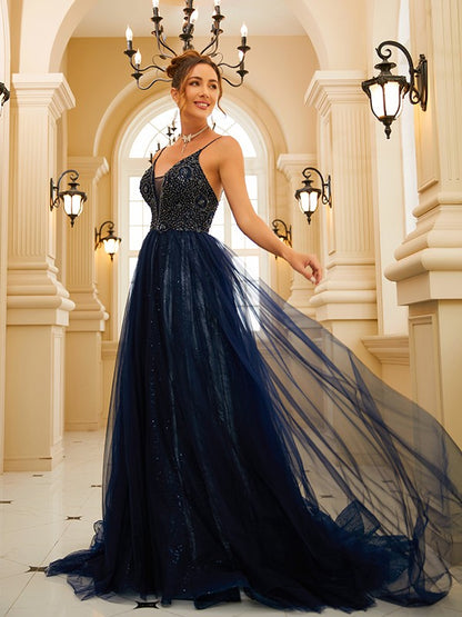 A-Line/Princess Tulle Beading V-neck Sleeveless Sweep/Brush Train Dresses