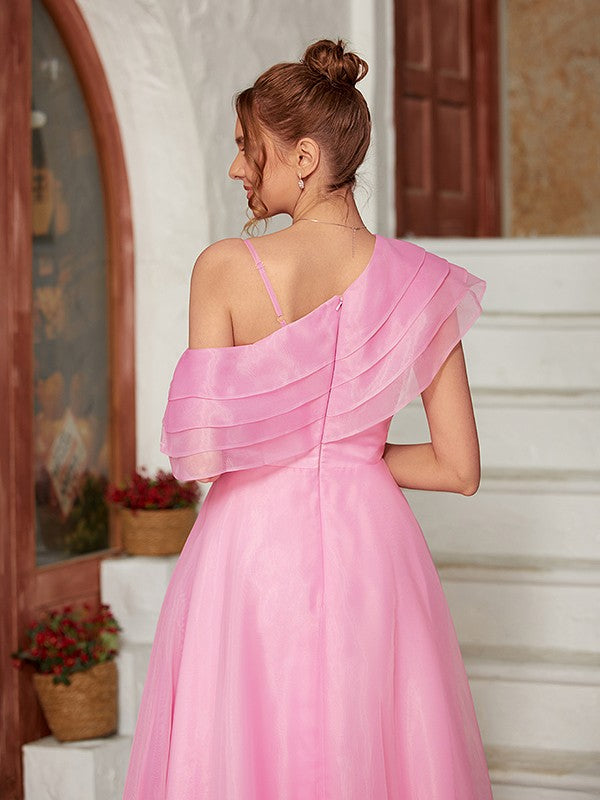 A-Line/Princess Organza Ruffles One-Shoulder Sleeveless Floor-Length Dresses