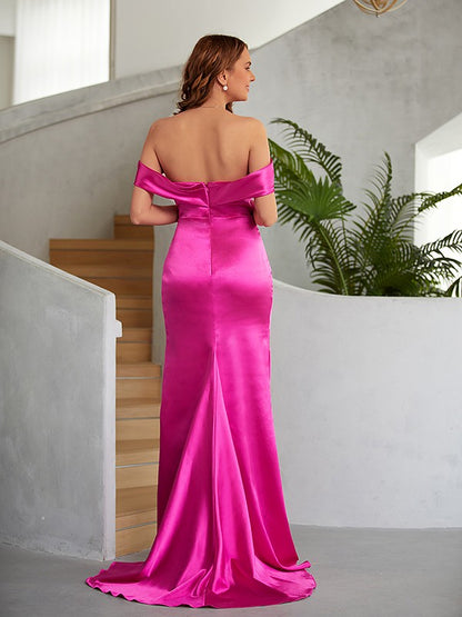 Sheath/Column  Woven Satin Ruched Off-the-Shoulder Sleeveless Sweep/Brush Train Dresses