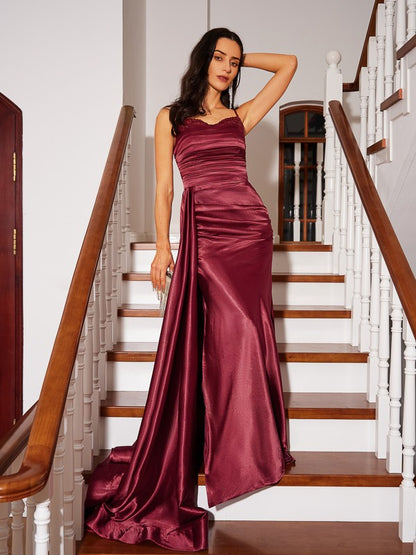 Sheath/Column  Woven Satin Ruched Spaghetti Straps Sleeveless Sweep/Brush Train Dresses