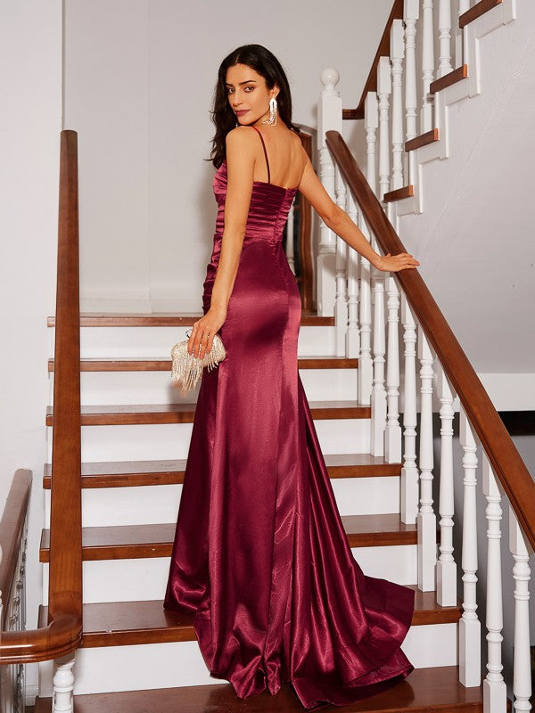Sheath/Column  Woven Satin Ruched Spaghetti Straps Sleeveless Sweep/Brush Train Dresses
