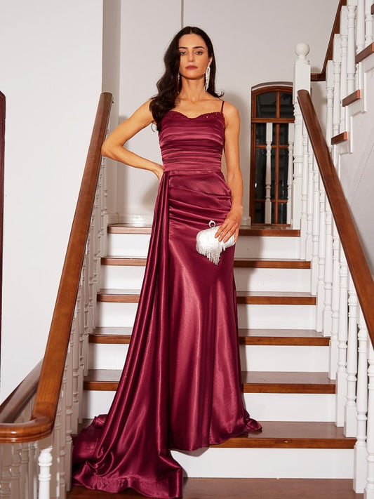 Sheath/Column  Woven Satin Ruched Spaghetti Straps Sleeveless Sweep/Brush Train Dresses