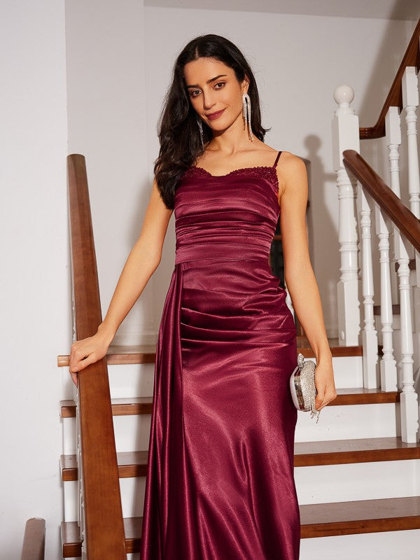 Sheath/Column  Woven Satin Ruched Spaghetti Straps Sleeveless Sweep/Brush Train Dresses