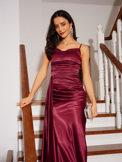 Sheath/Column  Woven Satin Ruched Spaghetti Straps Sleeveless Sweep/Brush Train Dresses