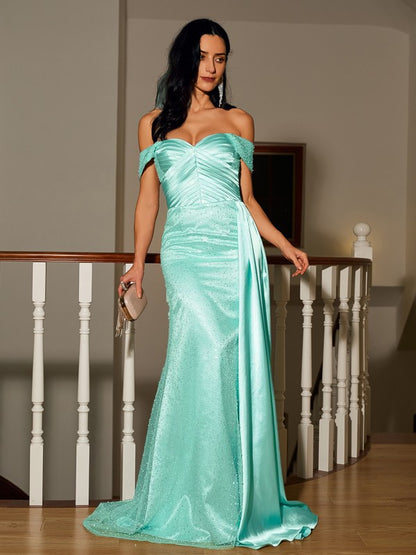 Sheath/Column  Woven Satin Ruched Off-the-Shoulder Sleeveless Sweep/Brush Train Dresses