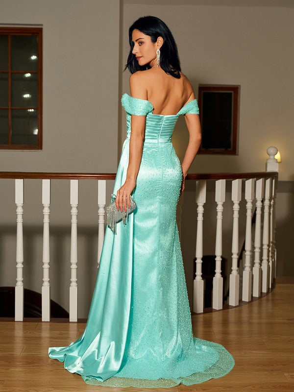 Sheath/Column  Woven Satin Ruched Off-the-Shoulder Sleeveless Sweep/Brush Train Dresses