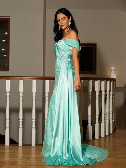 Sheath/Column  Woven Satin Ruched Off-the-Shoulder Sleeveless Sweep/Brush Train Dresses