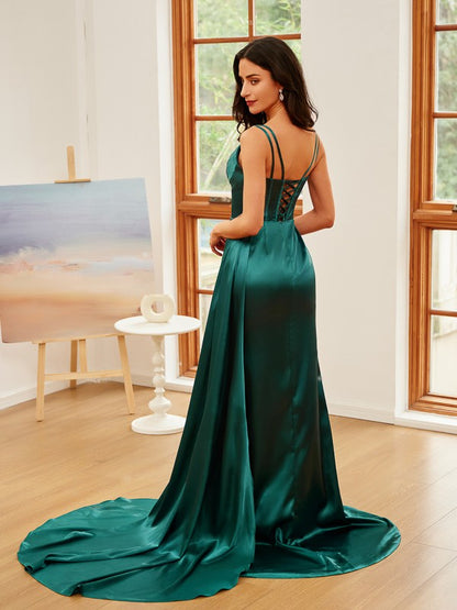Sheath/Column  Woven Satin Ruched V-neck Sleeveless Sweep/Brush Train Dresses