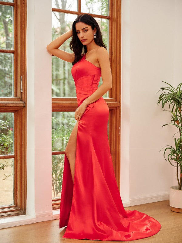 Sheath/Column  Woven Satin Ruched One-Shoulder Sleeveless Sweep/Brush Train Dresses