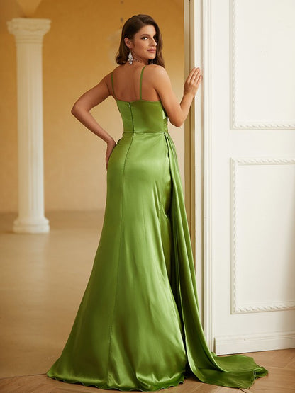 Sheath/Column  Woven Satin Ruched V-neck Sleeveless Sweep/Brush Train Dresses