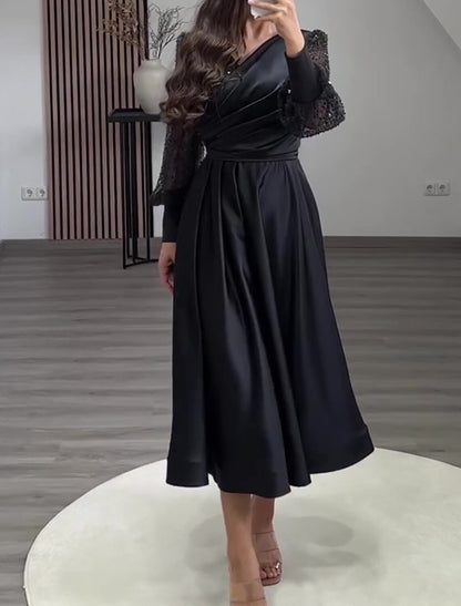 A-Line Cocktail Dresses Elegant Dress Wedding Party Wear Tea Length Long Sleeve V Neck Charmeuse with Ruched Pearls Sequin