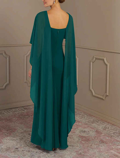 Sheath / Column Mother of the Bride Dress Formal Wedding Guest Elegant Simple Jewel Neck Floor Length Chiffon Sleeveless with Side Draping Solid Color