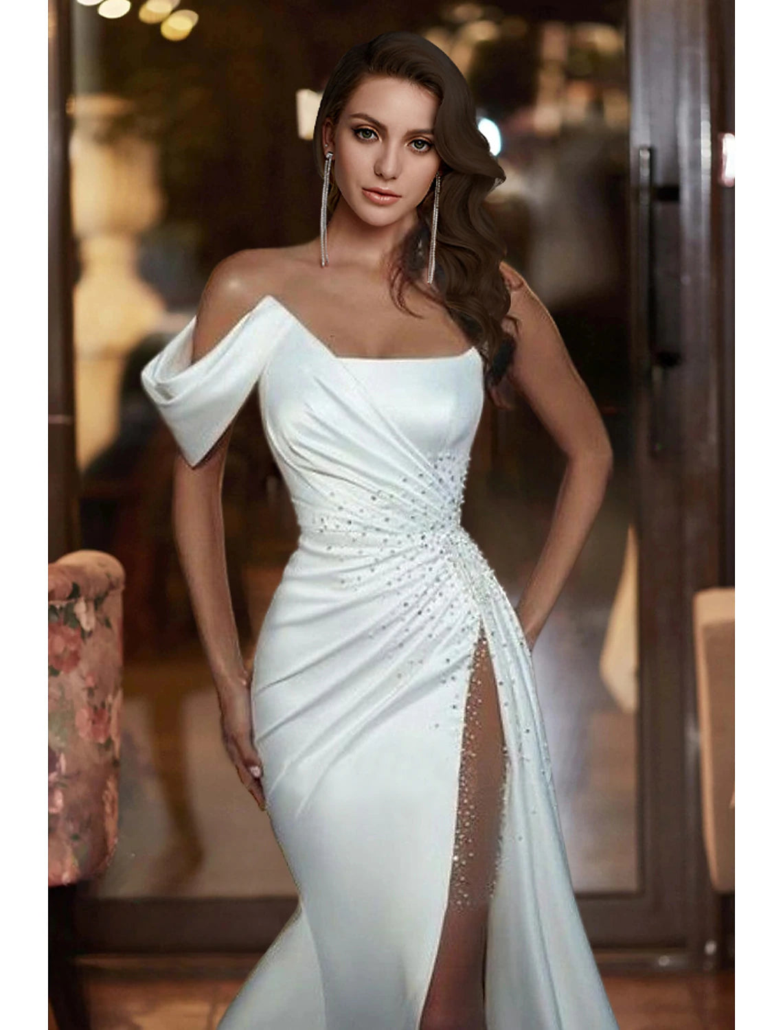 Formal Wedding Dresses Mermaid / Trumpet Off Shoulder Sleeveless Court Train Satin Bridal Gowns With Beading  Summer Wedding Party, Women's Clothing
