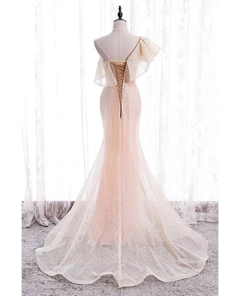 Beautiful pink pearl mermaid/trumpet shaped single shoulder sleeveless sequin evening dress with pink sheer ruffle edge, backless and ground length style, evening dress