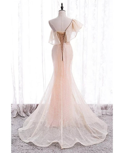 Beautiful pink pearl mermaid/trumpet shaped single shoulder sleeveless sequin evening dress with pink sheer ruffle edge, backless and ground length style, evening dress