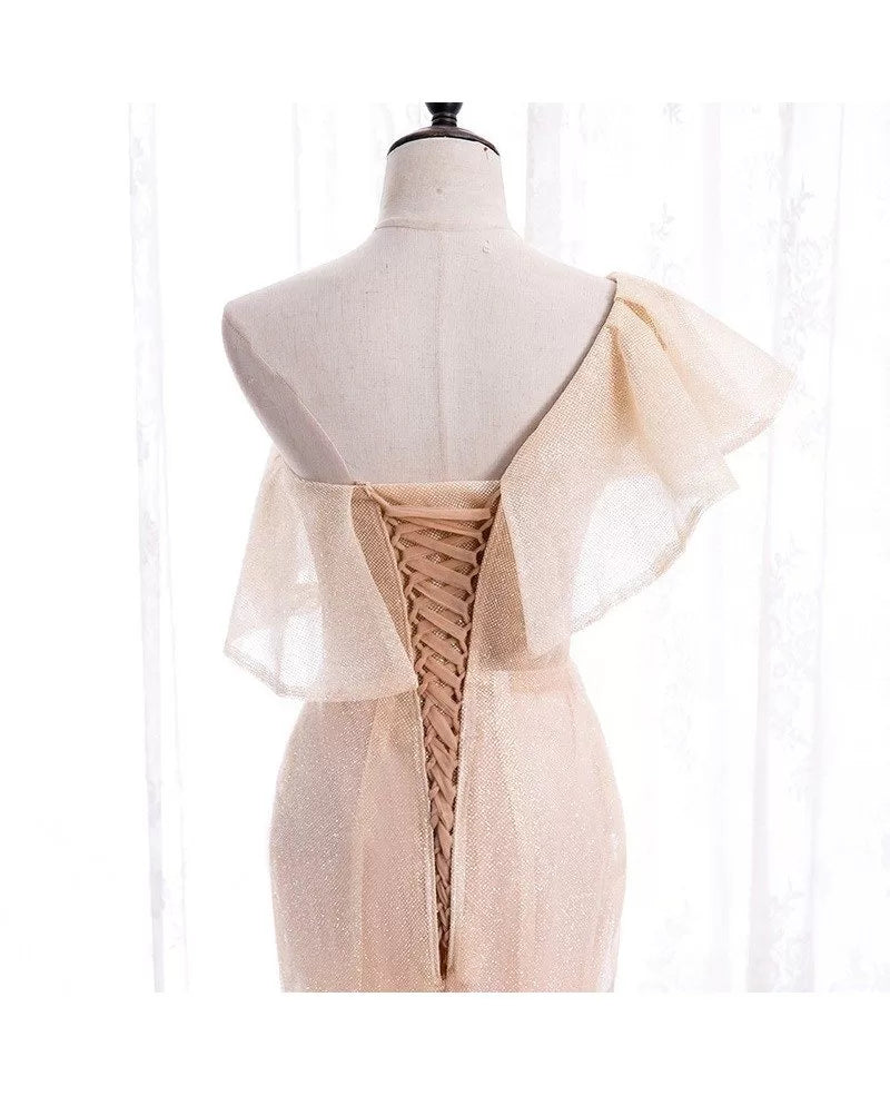 Beautiful pink pearl mermaid/trumpet shaped single shoulder sleeveless sequin evening dress with pink sheer ruffle edge, backless and ground length style, evening dress