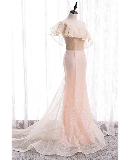 Beautiful pink pearl mermaid/trumpet shaped single shoulder sleeveless sequin evening dress with pink sheer ruffle edge, backless and ground length style, evening dress