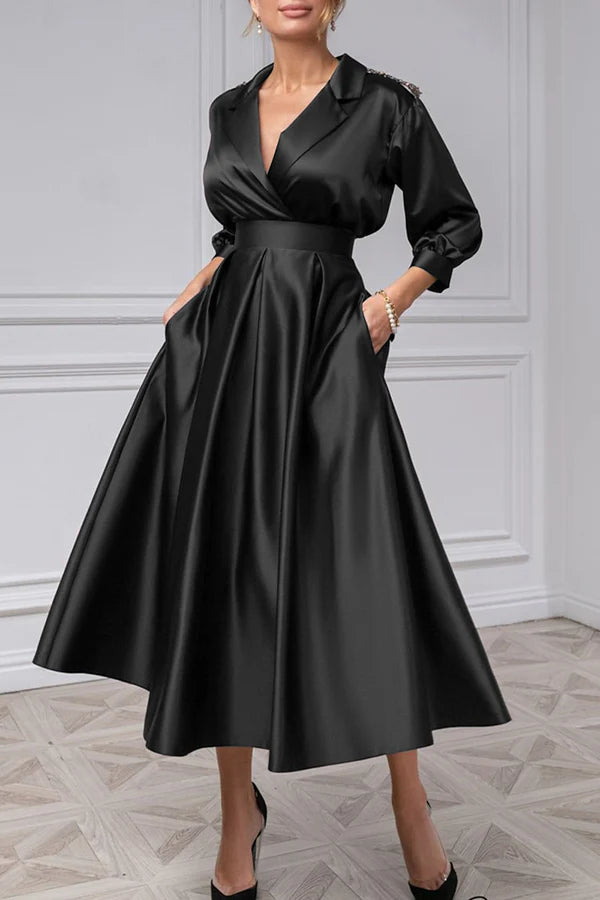 Elegant satin A-line V-neck 3/4 sleeve beaded mother of the bride dress