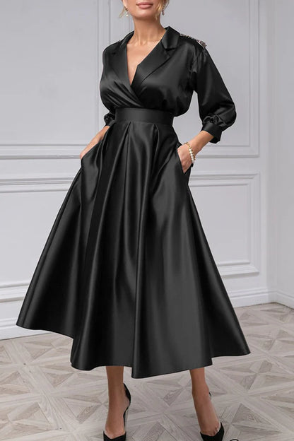 Elegant satin A-line V-neck 3/4 sleeve beaded mother of the bride dress