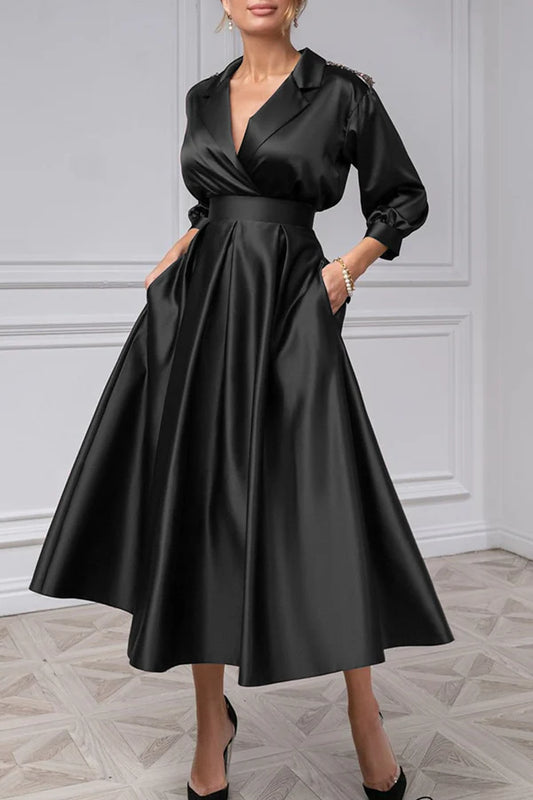 Elegant satin A-line V-neck 3/4 sleeve beaded mother of the bride dress