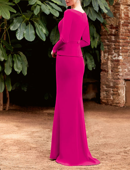 Mermaid / Trumpet Evening Gown Elegant Dress Formal Wedding Guest Court Train Long Sleeve V Neck Stretch Fabric with Ruffles