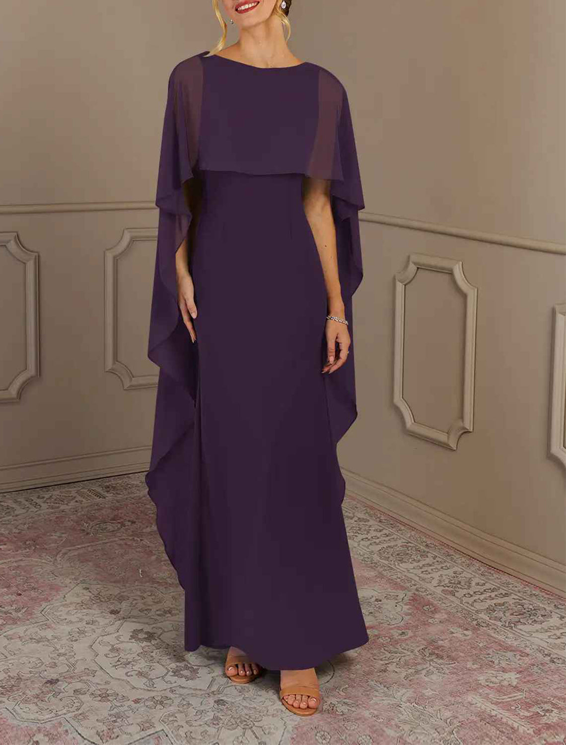 Sheath / Column Mother of the Bride Dress Formal Wedding Guest Elegant Simple Jewel Neck Floor Length Chiffon Sleeveless with Side Draping Solid Color