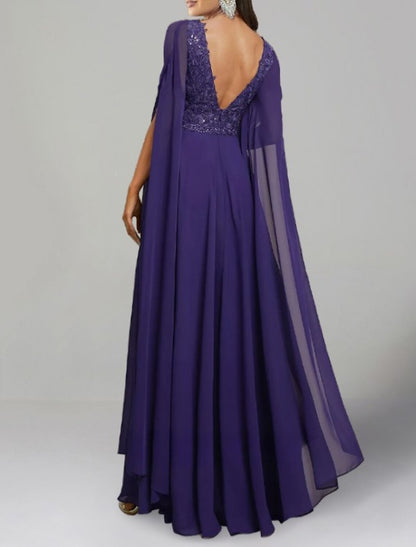 A-Line Evening Gown Elegant Dress Formal Wedding Guest Floor Length Long Sleeve V Neck Chiffon Backless with Slit Appliques