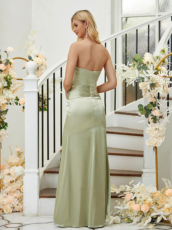 Sheath/Column  Woven Satin Ruched V-neck Sleeveless Sweep/Brush Train Bridesmaid Dresses