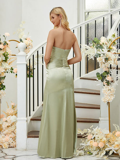 Sheath/Column  Woven Satin Ruched V-neck Sleeveless Sweep/Brush Train Bridesmaid Dresses
