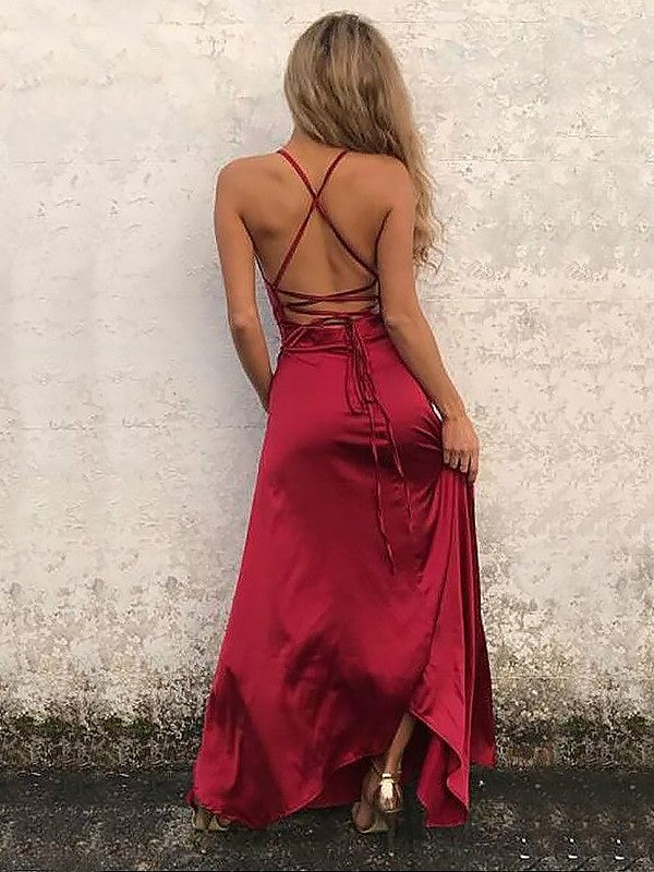 A-Line Spaghetti Straps Sleeveless Floor-Length With Ruffles NS  Woven Satin Dresses