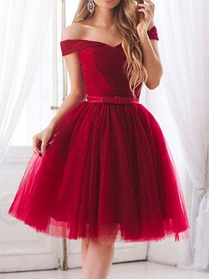 A-shaped ruffled edge sheer off shoulder sleeveless and knee length homecoming dress