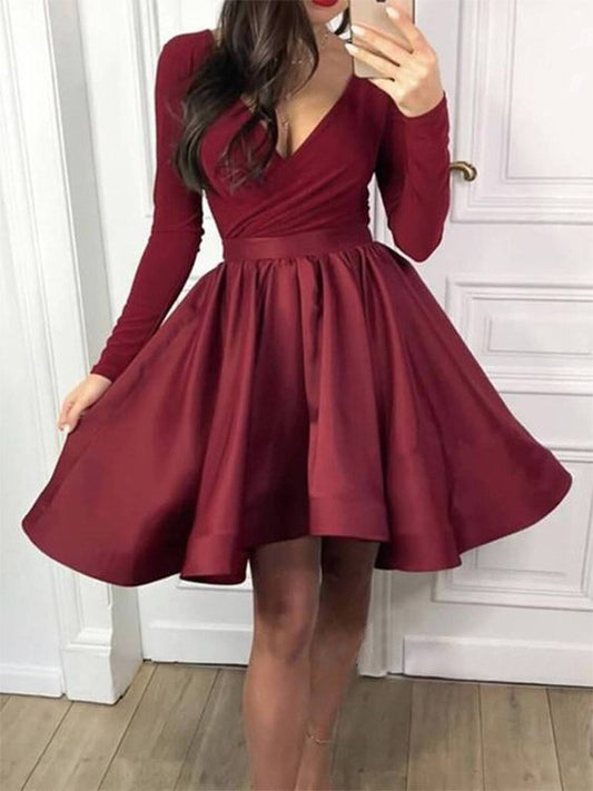 A-line/Princess Ruffle Edge Long sleeved V-neck Satin Short Homecoming Dress