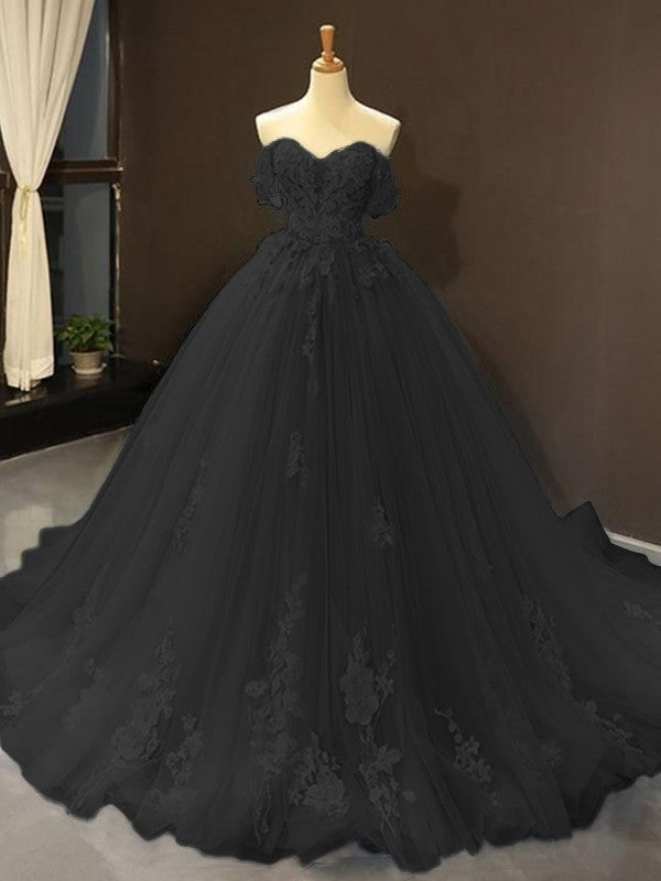 Ball Gown Tulle Off-the-Shoulder Sleeveless Applique Sweep/Brush Train Dresses