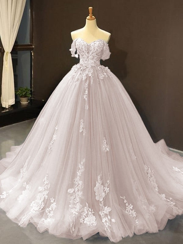 Ball Gown Tulle Off-the-Shoulder Sleeveless Applique Sweep/Brush Train Dresses