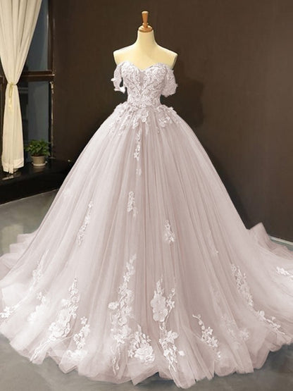 Ball Gown Tulle Off-the-Shoulder Sleeveless Applique Sweep/Brush Train Dresses
