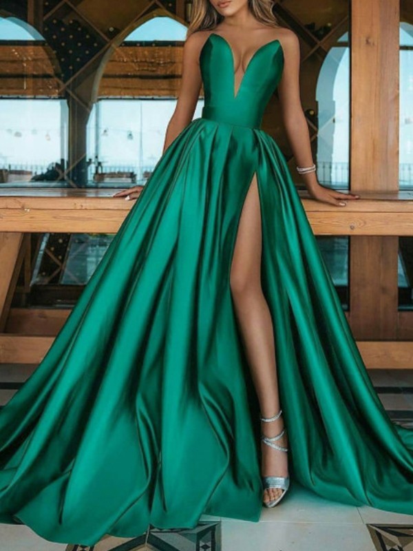 A-Line/Princess Satin Ruffles V-neck Sleeveless Sweep/Brush Train Dresses