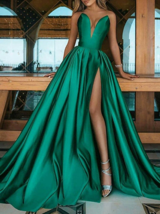 A-Line/Princess Satin Ruffles V-neck Sleeveless Sweep/Brush Train Dresses