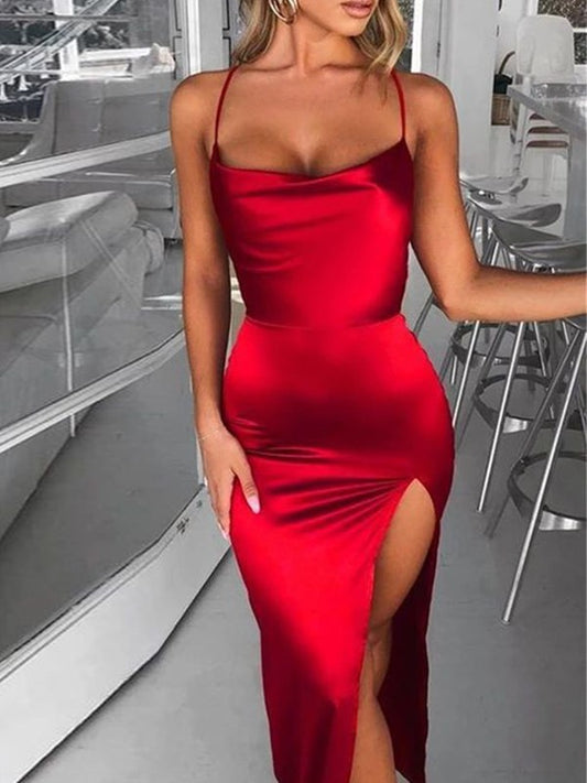 Sheath/Column  Woven Satin Ruched Spaghetti Straps Sleeveless Ankle-Length Dresses