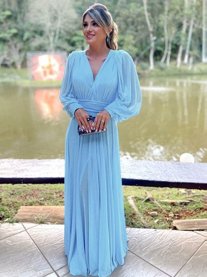 A-Line/Princess Chiffon Ruffles V-neck Long Sleeves Floor-Length Mother of the Bride Dresses