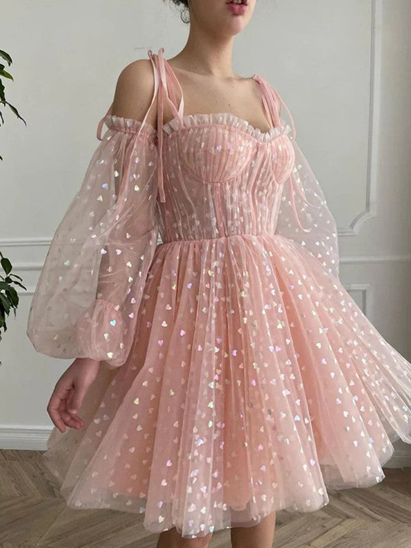 A-Line/Princess Ruffles Spaghetti Straps Long Sleeves Short/Mini Dresses