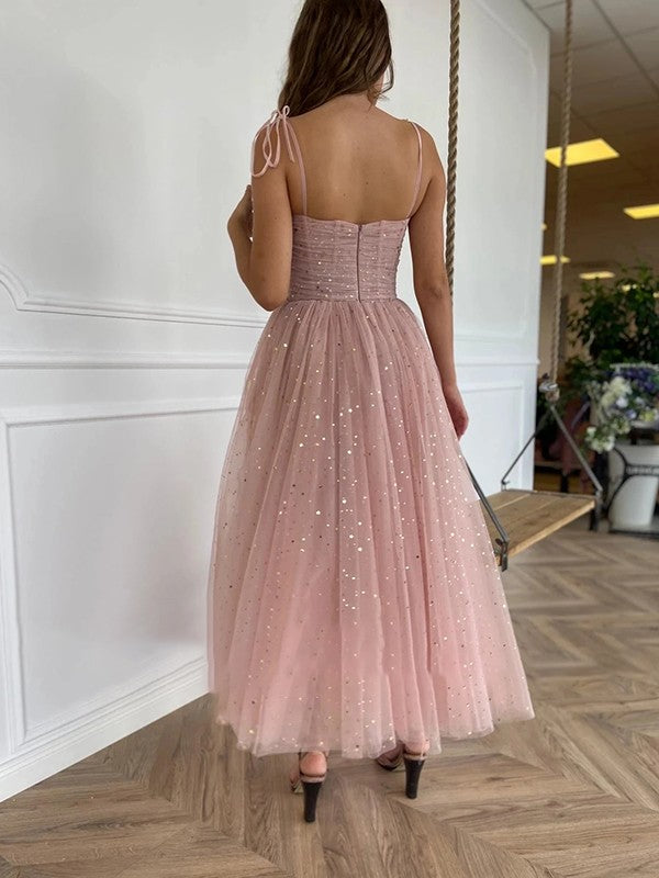 A-Line/Princess Ruffles Spaghetti Straps Sleeveless Ankle-Length Dresses