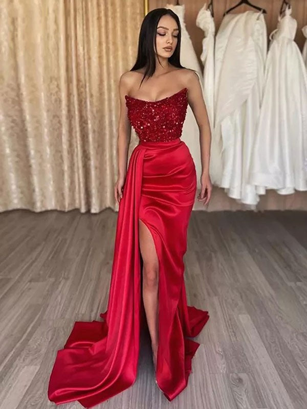 Sheath/Column  Woven Satin Sequin Strapless Sleeveless Sweep/Brush Train Dresses